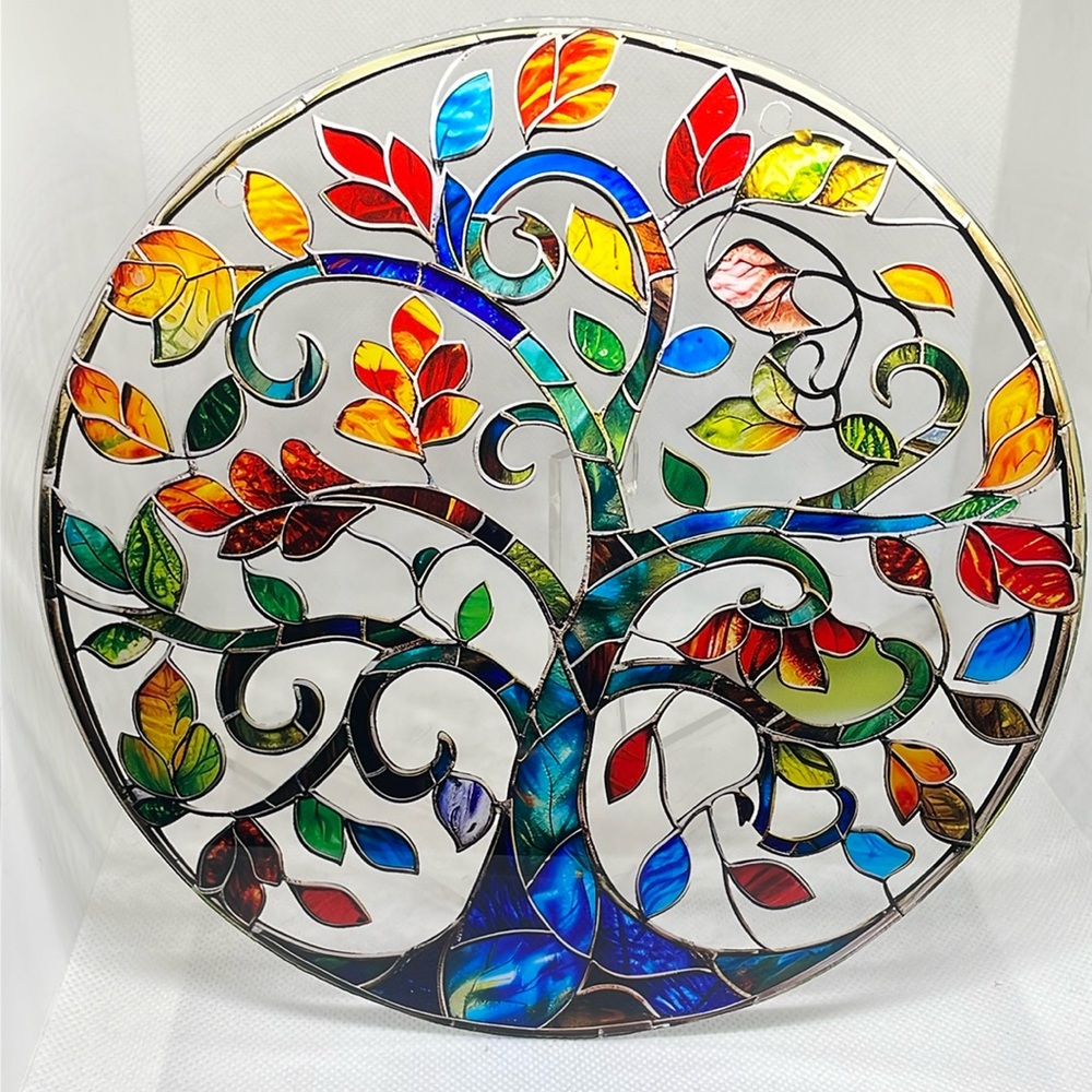Suncatcher Acrylic Colourful Tree Leaf Floral Design Faux Stained Glass New 8”